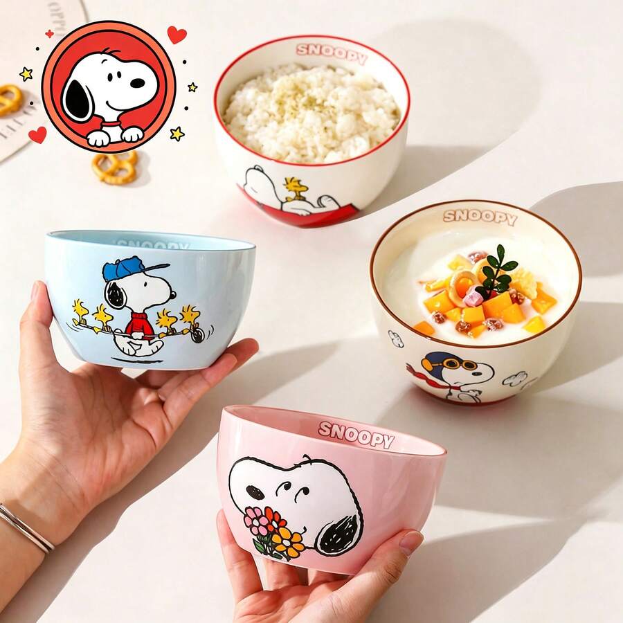 Official Authorized Snoopy Ceramic Dinnerware Set, Cute Printed Rice Bowl + Dinner Plate + Soup Spoon, Single Person Dinner Set For Home, Porcelain Tableware Gift Box, Suitable For Breakfast And Daily Use - Multicolor - View 1