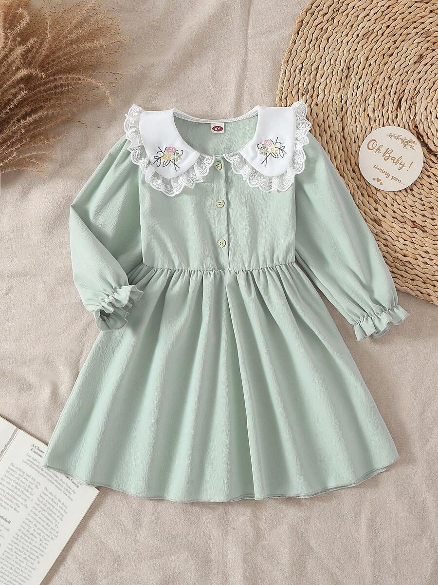 Girls French Sweet Embroidered Floral Dress, Light Green Long Sleeve Lace Collar Button Princess Dress, Baby Spring Autumn Stylish Dress - Green - View 1