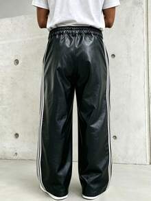 Men's Retro Street Style Wide Leg Pants With Side Vertical Stripes, Black PU Drape Straight Leg Long Pants, Autumn/Winter - Black - View 2