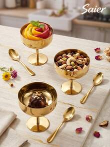 6/4/1pc Stainless Steel Ice Cream Cup, Creative Gold High-Foot Ice Cream Cup, Stackable, Easy To Store And Clean, Suitable For Home, Restaurant, Pudding, Party, Dessert Tableware - Multicolor - View 2