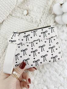 Fashionable Bow Printed Short Wallet, Foldable Buckle Portable Cash, Credit Card Tassel Decoration Wallet, Suitable For Carrying Around - Black - View 7