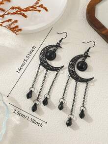 1 Pair Fashion Dark Personalized Crescent Moon Water Drop Faux Crystal Chain Long Tassel Earrings For Women, Suitable For Daily Commute, Party, Banquet, Halloween - Gun Black - View 3