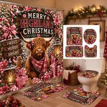 1pc/4pcs Christmas Pink Flower Candy Highland Cow Multi-Functional Bathroom Decor Shower Curtain Set, Free 12 Hooks, Premium Holiday Atmosphere, Bathroom Mat, U-Shaped Rug And Round Toilet Lid Cover, Suitable For All Christmas Scenes Decoration - Pink Flower Highland Cow - View 1