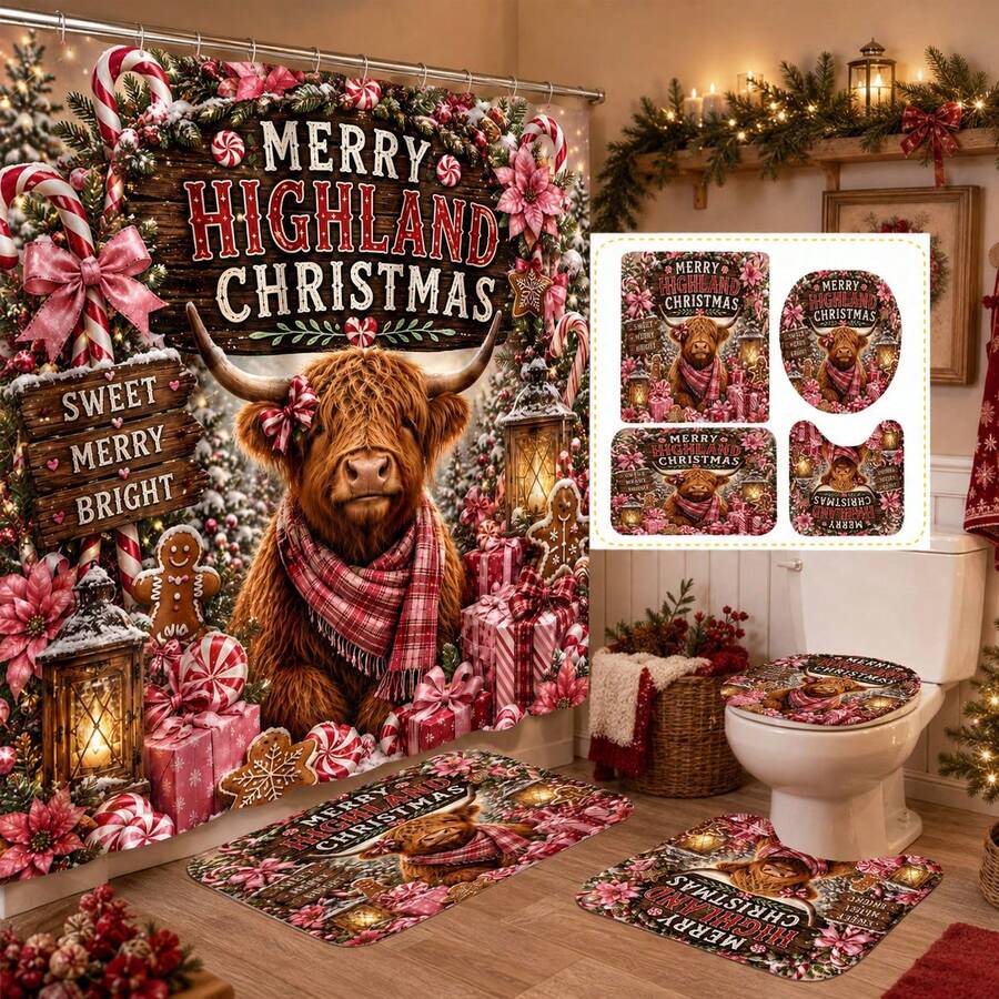 1pc/4pcs Christmas Pink Flower Candy Highland Cow Multi-Functional Bathroom Decor Shower Curtain Set, Free 12 Hooks, Premium Holiday Atmosphere, Bathroom Mat, U-Shaped Rug And Round Toilet Lid Cover, Suitable For All Christmas Scenes Decoration - Pink Flower Highland Cow - View 1