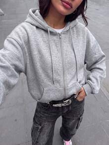 女款寬鬆全拉鍊針織連帽外套，附抽繩，保暖內裡長袖中長版街頭風夾克，適合冬季穿著 - 淺灰色 - 查看 2