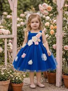 Baby Girls Thick Strap 3D Flower Mesh Flower Girl Dress, Suitable For Birthday Party, Headband Not Included - Royal Blue - View 4