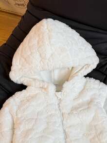 Baby Girl Plush Hooded Jacket, All-Over Embossed Texture, Zipper Front Design, Loose Fit, Warm And Skin-Friendly, Pure White Minimalist Style, Suitable For Autumn/Winter Outings And Daily Wear - White - View 4
