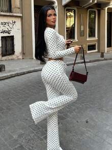 VIBEWAVE White Polka Dot Bowknot Short Long Sleeve Top & High Waist Drawstring Flared Pants 2 Pieces Set Women American Hot Girl Retro Style Spring Autumn - White - View 5