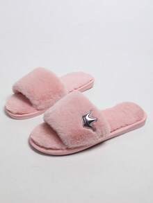 Women's Light Pink Plush Slippers, Small Crown Pattern Decor Open Toe Fuzzy House Slippers, Comfortable Indoor Outdoor Warm Flat Shoes - Pink - View 7