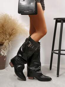 Women's Autumn/Winter New European & American Style Pointed Toe Chunky Heel Studded Belt Buckle Ruched Shaft Long Boots, Vintage Western Cowboy Riding Boots, Motorcycle High Tube Boots - Black - View 3