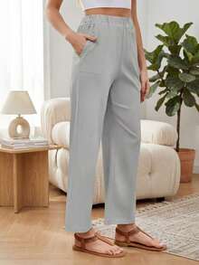 Pantalones casuales rectos de cintura elástica de unicolor gris, adecuados para uso diario en primavera/verano, talla grande - Gris - Ver 1