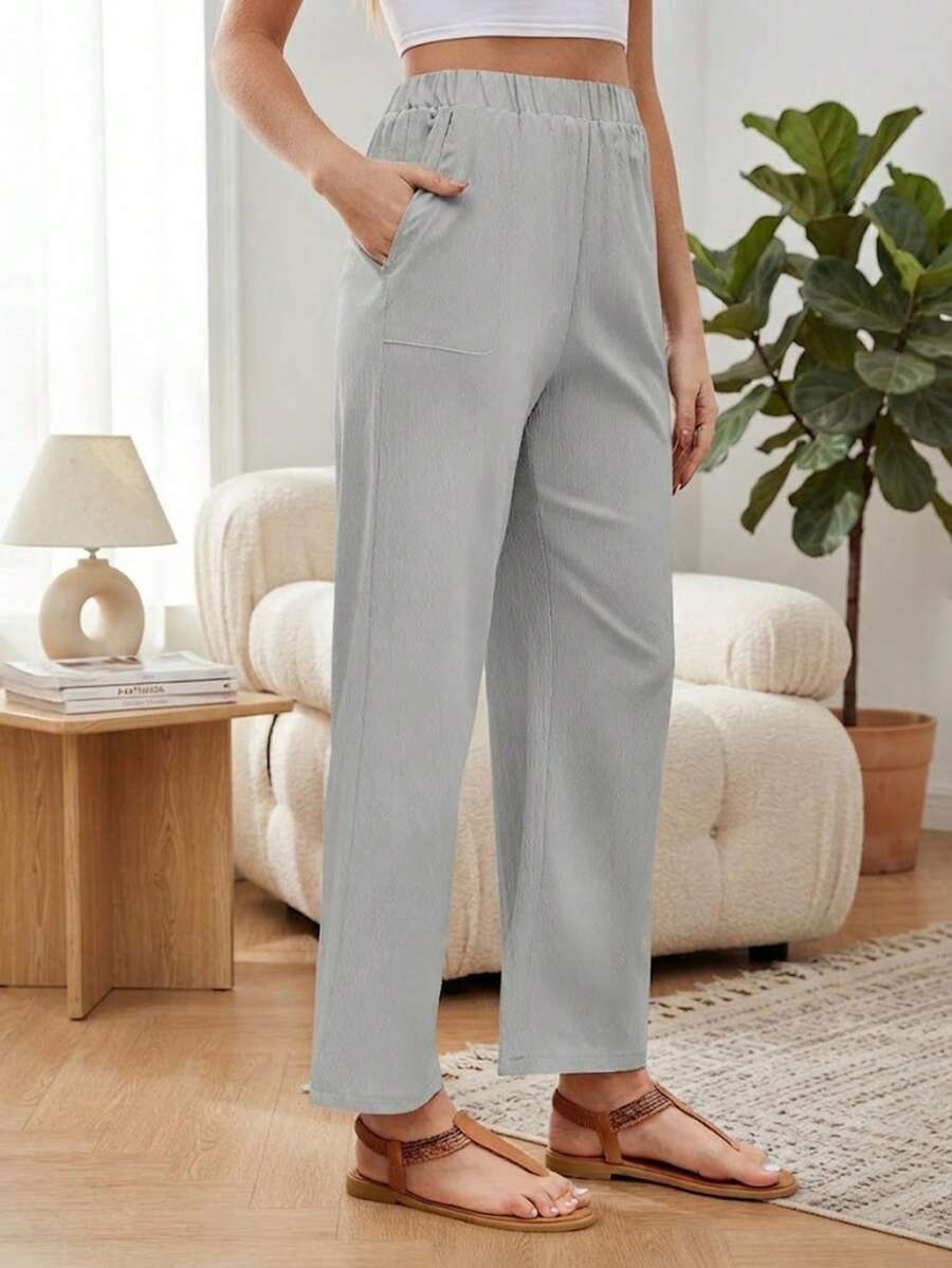 Pantalones casuales rectos de cintura elástica de unicolor gris, adecuados para uso diario en primavera/verano, talla grande - Gris - Ver 1