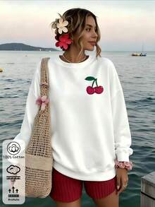 Women's Casual White Long Sleeve Round Neck Sweatshirt With Amour Cherry Print, Drop Shoulder Pullover Top,  Fall Streetwear - White - View 4