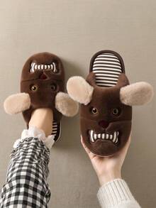 Men's Plush Pug Slippers, Bone Print Indoor/Outdoor Winter Closed-Toe Slippers, Couples Winter Slippers - Dark Brown - View 3
