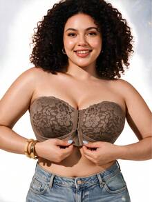 1pc Women's Plus Size Bandeau Bra, Lace Cup, Ruched Design, Front Closure Invisible Strap Bra, Comfortable Lift, Seamless Fit - Mocha Brown - View 6
