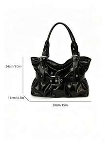 Tas Tote Lipit Polkadot Hitam, Tas Bahu Kapasitas Besar dengan Kantong Resleting Samping, Cocok untuk Sekolah dan Perjalanan Sehari-hari - Hitam - View 7