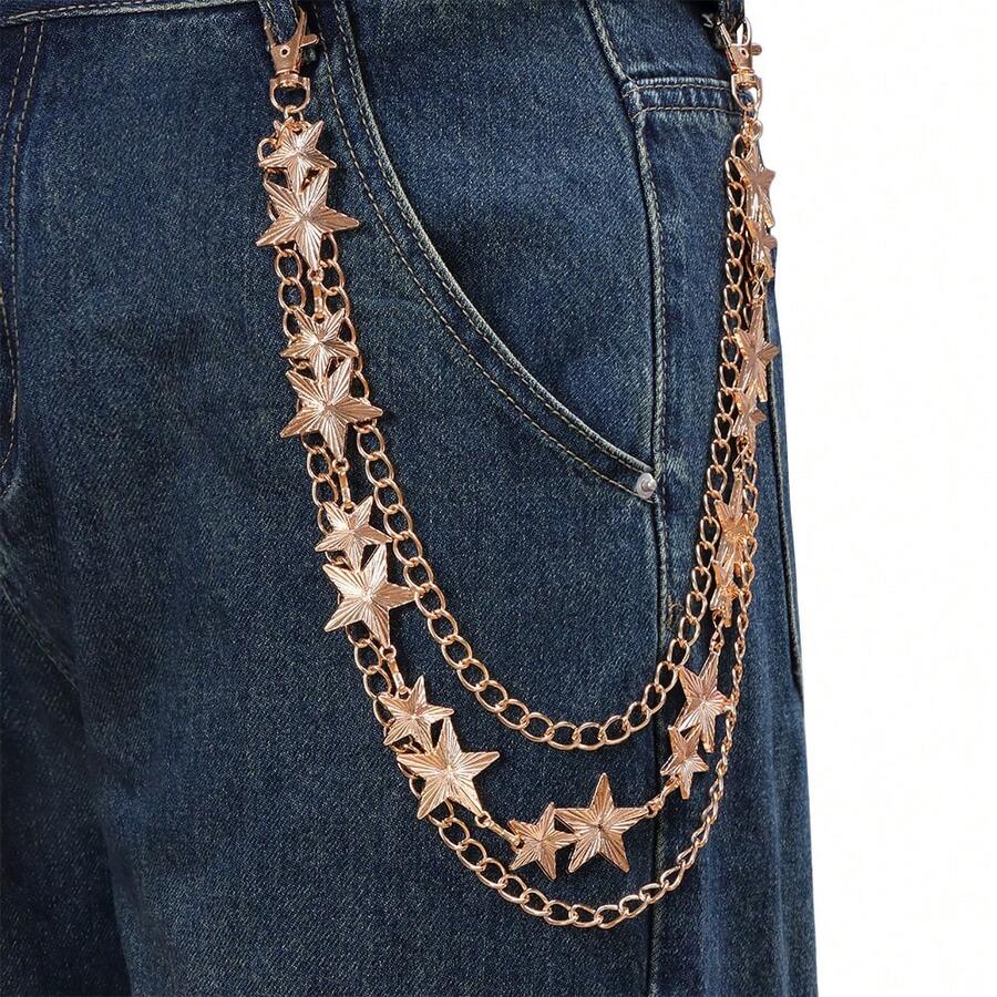1pc Personalized Starry Double-Layer Metal Pants Chain, Hot Girl Sweet & Cool Style Metal Pants Chain Accessory - Gold - View 1