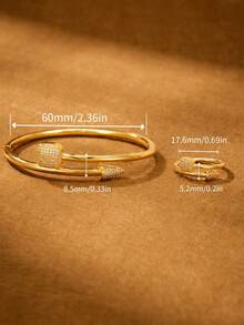 2pcs/Set Fashion Classic Wedding Bridal Handmade Zirconia Inlaid Shiny Nail Shape Bracelet And Ring, 64mm Diameter Openable, Suitable For Women's Daily Wear, Bring Wealth And Good Luck, Gift Box Not Included - Gold - View 6
