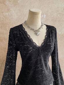 Temptaria Women's Pure Black V-Neck Lace Trim Fitted Top, Flare Long Sleeve Design, Suitable For Autumn/Winter Layering And Daily Outings - Black - View 7