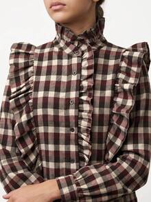 ARMONIAS Women's Plaid Cotton Blouse Autumn 2026, Mock Neck, Long Sleeve, Button-Up With Ruffles For Daily And Office Wear, Women's Autumn Clothing - Burgundy - View 4