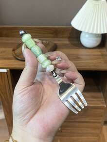1件/2件 304不鏽鋼創意甜美風珠飾湯匙，下午茶甜點匙、水果叉，適用於餐廳、居家、派對、聚會 - 綠色 - 查看 17