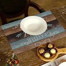 1/4/6pcs Autumn Series Blue & Brown Patchwork Distressed Wood Grain Pattern Printed Placemats, Heat Resistant Table Protector For Home Kitchen, Dining Table, Party Decor - Multicolor - View 10