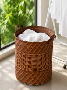 2D Flat Print Brown Tone Colorblock Woven Rattan Texture Foldable Laundry Basket, With Laundry Clips, Household Clothing Storage Bin, Breathable Fabric Dirty Clothes Basket, Bedding Clips, Suitable For Bathroom And Bedroom - Multicolor - View 6