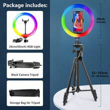 AXNEN 10-Inch Selfie Ring Light With Tripod & Phone Holder, 39 RGB Color Modes And 10-Level Brightness Adjustable, Dimmable LED Ring Light, Compatible With IPhone And Android Phones, For Photography, Makeup, Vlogging, Etc. - Black and White - View 11