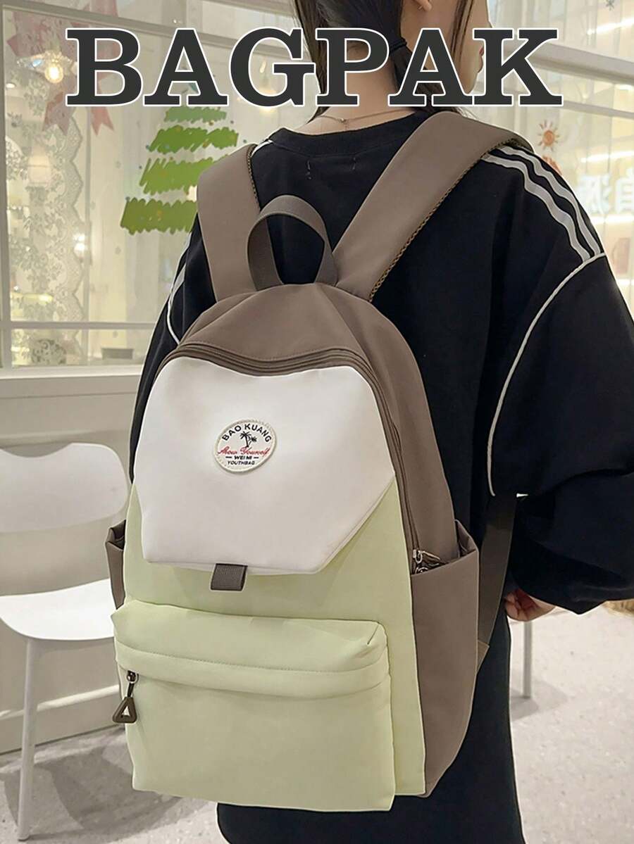 1pc Colorblock Tricolor Backpack, Casual Versatile Side Pocket Adjustable Strap Daily Use Bag, Suitable For Daily Outings And Commuting - Multicolor - View 1