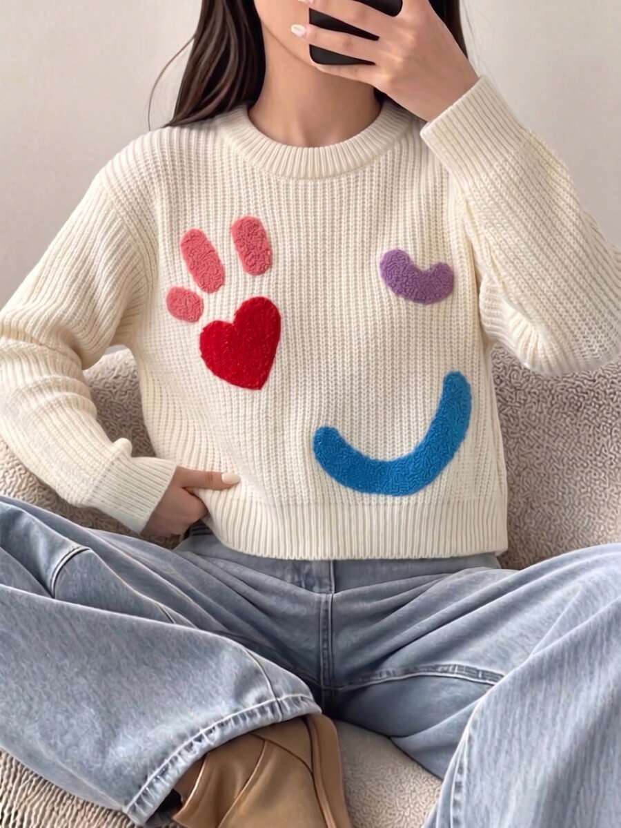 Girls' Sweet Heart & Smiling Face Plush Applique Embroidered Crew Neck Long Sleeve Knit Sweater, Chunky Texture, Cute Casual Versatile Pullover, Short Length, Suitable For Daily Wear, School, Spring, Autumn, Winter - Apricot - View 1