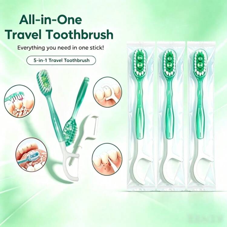 Cepillo de dientes portátil desechable mini para viajes, 5 en 1 con pasta de dientes pre-recubierta + hilo dental + palillo + raspador de lengua, cepillo de dientes con pasta de dientes pre-recubierta listo para viajar, apto para viajes, trabajo y uso diario, diseño compacto - Sabor a té verde - Añade 2