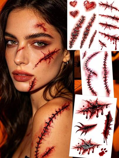 4 piezas Pegatinas de tatuaje de cicatriz de Halloween rojo, estilo Y2K para niños y niñas, tatuaje temporal, resistente al agua y al sudor, fácil de aplicar