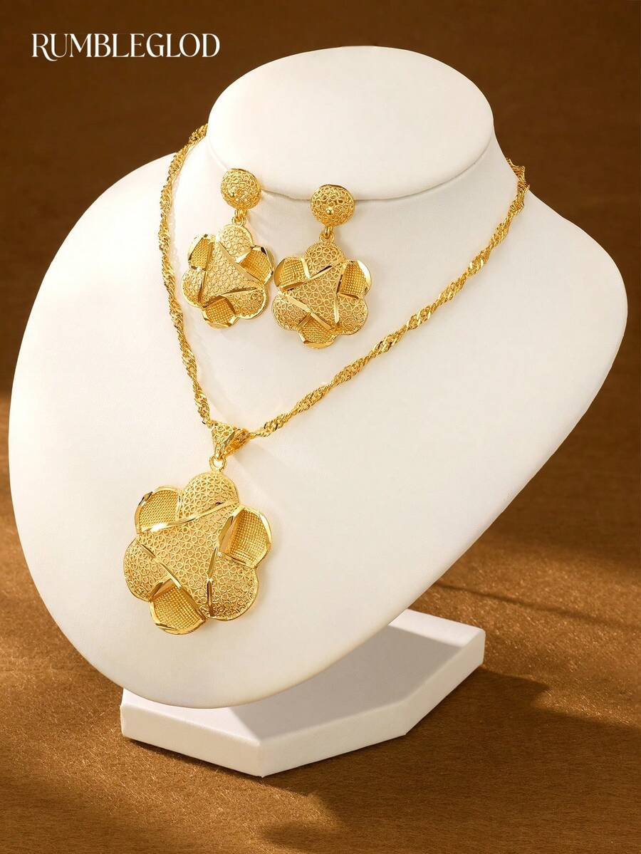 3pcs Luxury Exquisite Six-Petal Flower Floating Middle Eastern Pattern Necklace & Earrings Set, 18K Gold Plated, Suitable For Women, Girls, Wedding, Party, Daily Wear - Gold - View 1