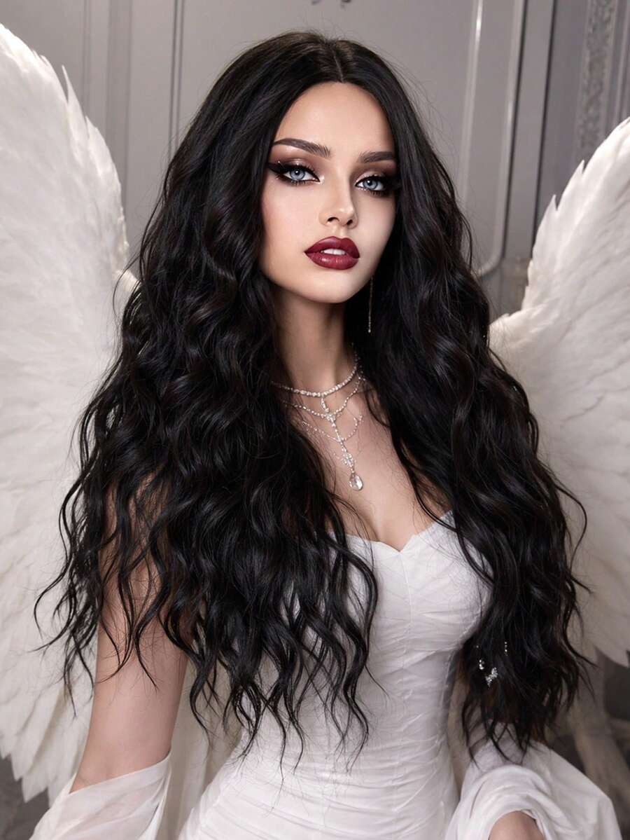 28 Inch Fluffy Black Mid-Curl Wig, Designed For Women, Suitable For Holiday Cosplay, Halloween, Christmas And Daily Wear