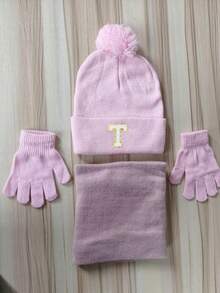 3pcs Kids Gift Set 26 Letters Knitted Beanie + Fleece Neck Warmer + Knitted Fingerless Gloves, Soft Winter Warm Set, Suitable For Boys And Girls, Applicable For Holidays, Birthdays, Daily Wear - Pink - View 10