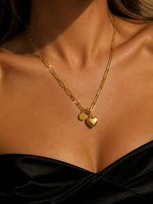 VceTd 1/2/3 piezas Conjunto de joyería de acero inoxidable estilo romántico de moda para mujer con cadena de clip de papel y colgante de corazón, adecuado para uso en citas de mujeres o regalo del Día de San Valentín - Amarillo Oro - Ver 3