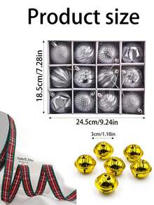 1/6/12/24pcs Silver Christmas Ball Ornament Set With Gold Bells And Plaid Ribbons, Assorted Color Christmas Tree Hanging Balls, DIY Holiday Decoration For Gift Wrapping, Fireplace, Home And Holiday Party Decor - Multicolor - View 8