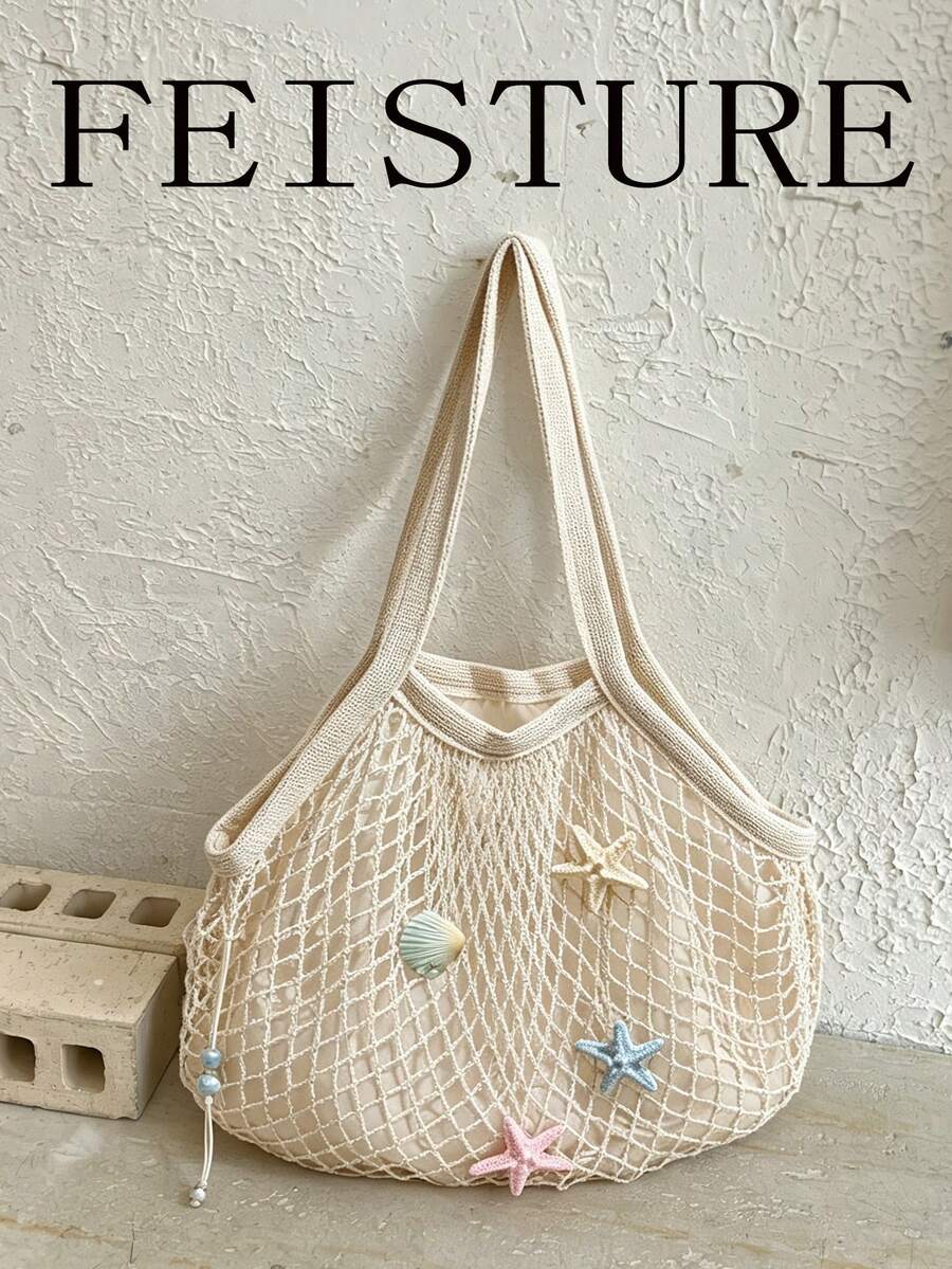 Summer Starfish & Shell Decor Mesh Tote Bag, Casual Beige Beach Shoulder Bag For Shopping & Vacation ,Holiday,Straw Bag