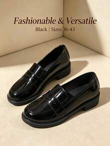 Women's Round Toe Patent Leather Loafers, Chunky Heel Slip-On, Minimalist British Style, Spring/Autumn Commute Versatile Shoes - Black - View 1