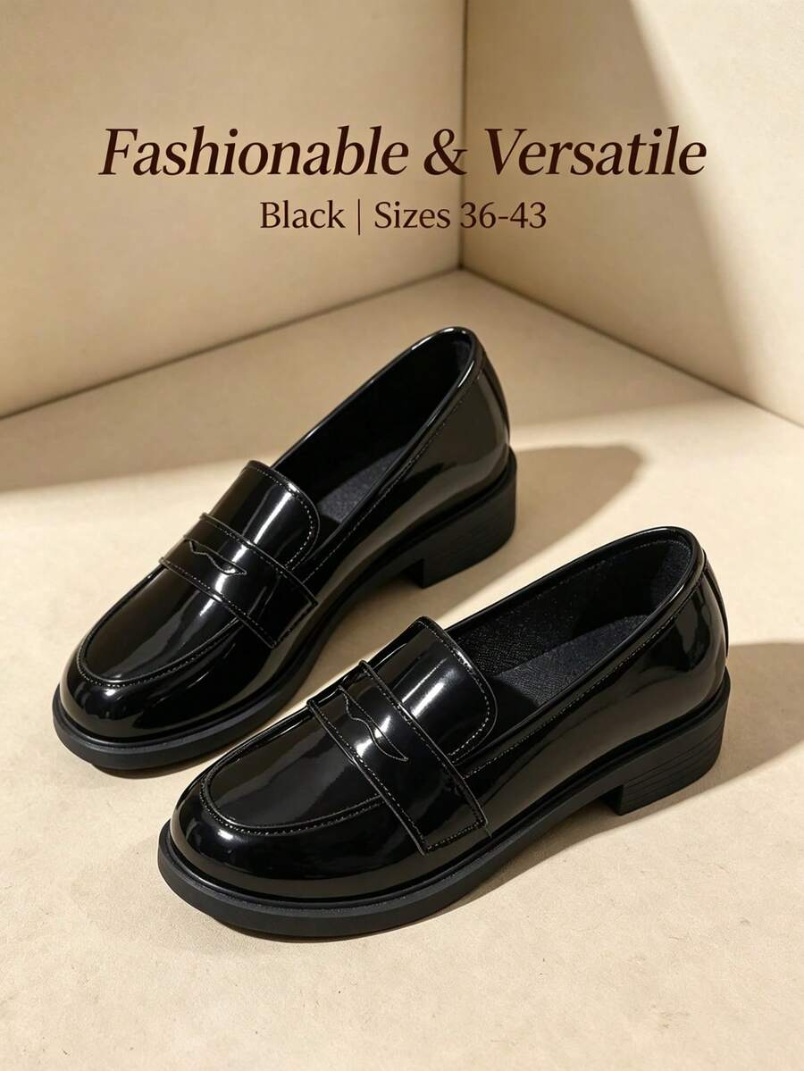 Women's Round Toe Patent Leather Loafers, Chunky Heel Slip-On, Minimalist British Style, Spring/Autumn Commute Versatile Shoes - Black - View 1