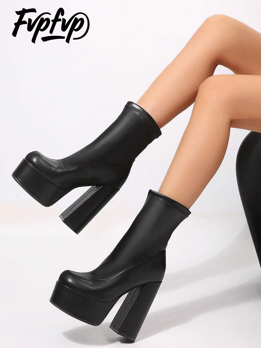 FVPFVP Women's Square Toe Mid-Calf Riding Boots, Chunky Heel Slimming Mid-Calf Boots, Autumn/Winter Daily Street Style Versatile Slip-On Boots - Black - View 1
