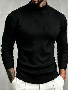 ZYNTH BALENO Men's Fashion Striped Slim Fit Regular Shoulder Mock Neck Long Sleeve Sweater, Suitable For Gym, Running, Hiking, Cycling Sports - Black - View 4