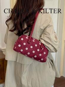 CHAIKA & KILTER 1pc Colorblock Matte Suede Fabric Shoulder Bag Women's Fashion Large Capacity Bowling Bag All-Over Polka Dot Pattern Dual Handle Design Zipper Closure Suitable For Daily And Street Use - Red - View 8