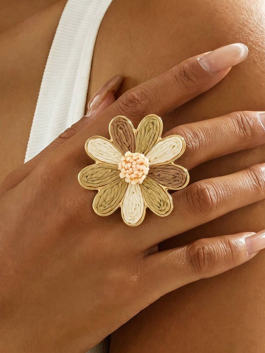 1pc Bohemian Style Woven Raffia Coffee Color Floral Adjustable Ring, Suitable For Women Beach Outings, Daily Wear, Matching Clothes - Medium Brown - View 1