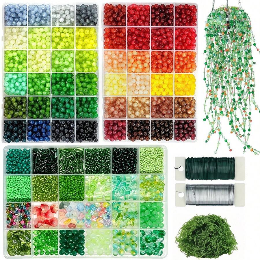 DIY Wind Chime Craft Kit, Multi‑Style Mixed Glass Beads Set With Artificial Moss & Thread Wire For Handmade Hanging Ornament Home Decoration - A - View 1