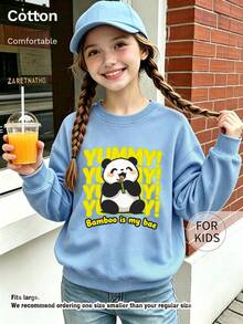 Kids Crew Neck Sweatshirt, Cute Panda Bamboo Printed Cotton Pullover, Soft Casual Long Sleeve Top - Blue - View 3