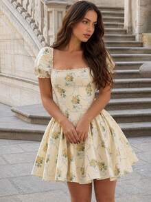 Vuslat Women's Autumn French Sweet Creamy Yellow Rose Ribbon Floral Lace Trim Puff Sleeve Corset Waist Satin Full Skirt, Girly Gentle Style Slimming Flattering Floral Mini Dress, Versatile For Commute, Date, Vacation, Beach, Wedding, Party, Graduation, Independence Day, Back To School - Multicolor - View 3