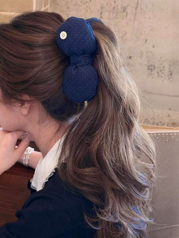 Women's College Style Padded Cotton Navy Blue Bow Polka Dot Button Banana Hair Clip Hair Accessory Hair Clip Suitable For Daily Use Home School Beach Vacation Work Commute Party Holiday Birthday Gift Back To School Season College Style New Year Valentine's Day Mother's Day Gift Wedding Season Bride Music Festival Spring Summer Autumn Winter