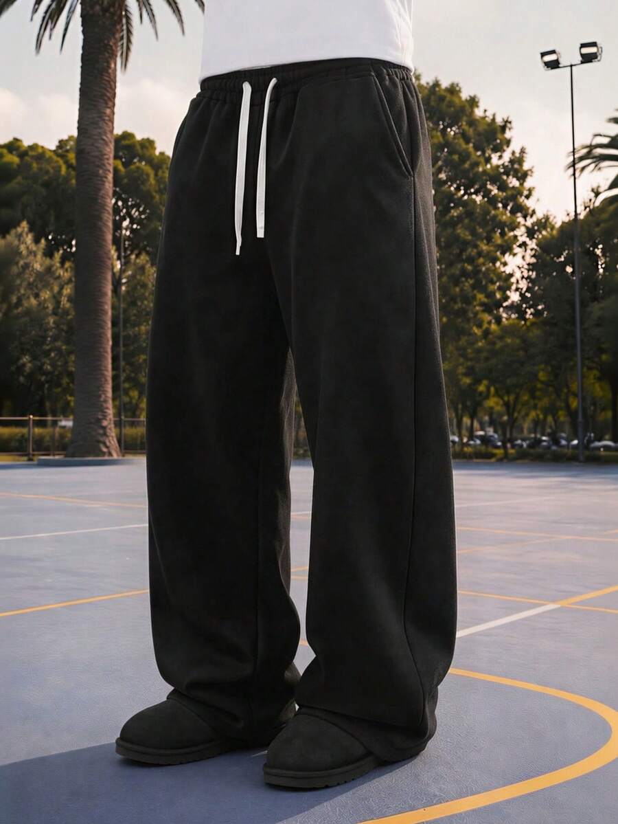 Men's Loose Straight Leg Sweatpants, Casual Drawstring Waist Pants, Loose And Comfortable Fit,Suitable For Sports, Fitness, Running And Daily Wear - Black - View 1