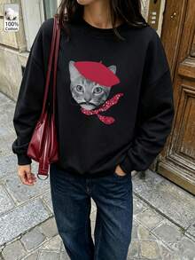 Oversized Women's Sweatshirt For Autumn/Winter, Casual Daily Wear, Long Sleeve Hoodie, Outerwear Top, Y2K, Letter Slogan Graphic, Unisex,Black - Black - View 1
